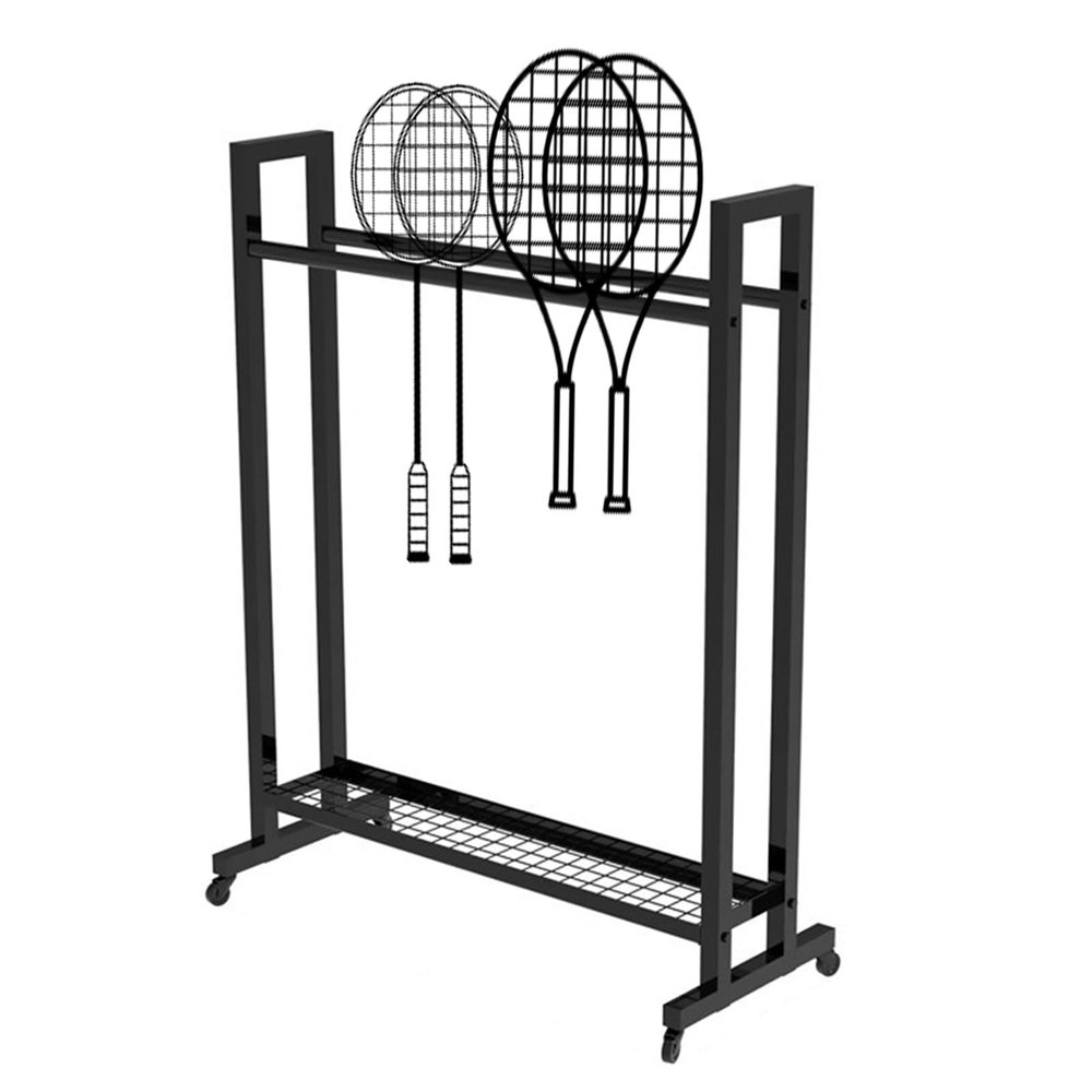 Black Iron Frame Badminton Tennis Racket Display Rack, Racquet Storage Cart with Wheels, Sports Equipment Organizer for School/Garage