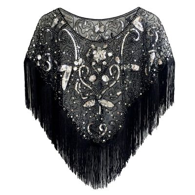 1920s Sequin Shawl Wraps Fringed Evening Cape Gatsby Party Flapper Cover Up Wedding Bridal Shawl for Women