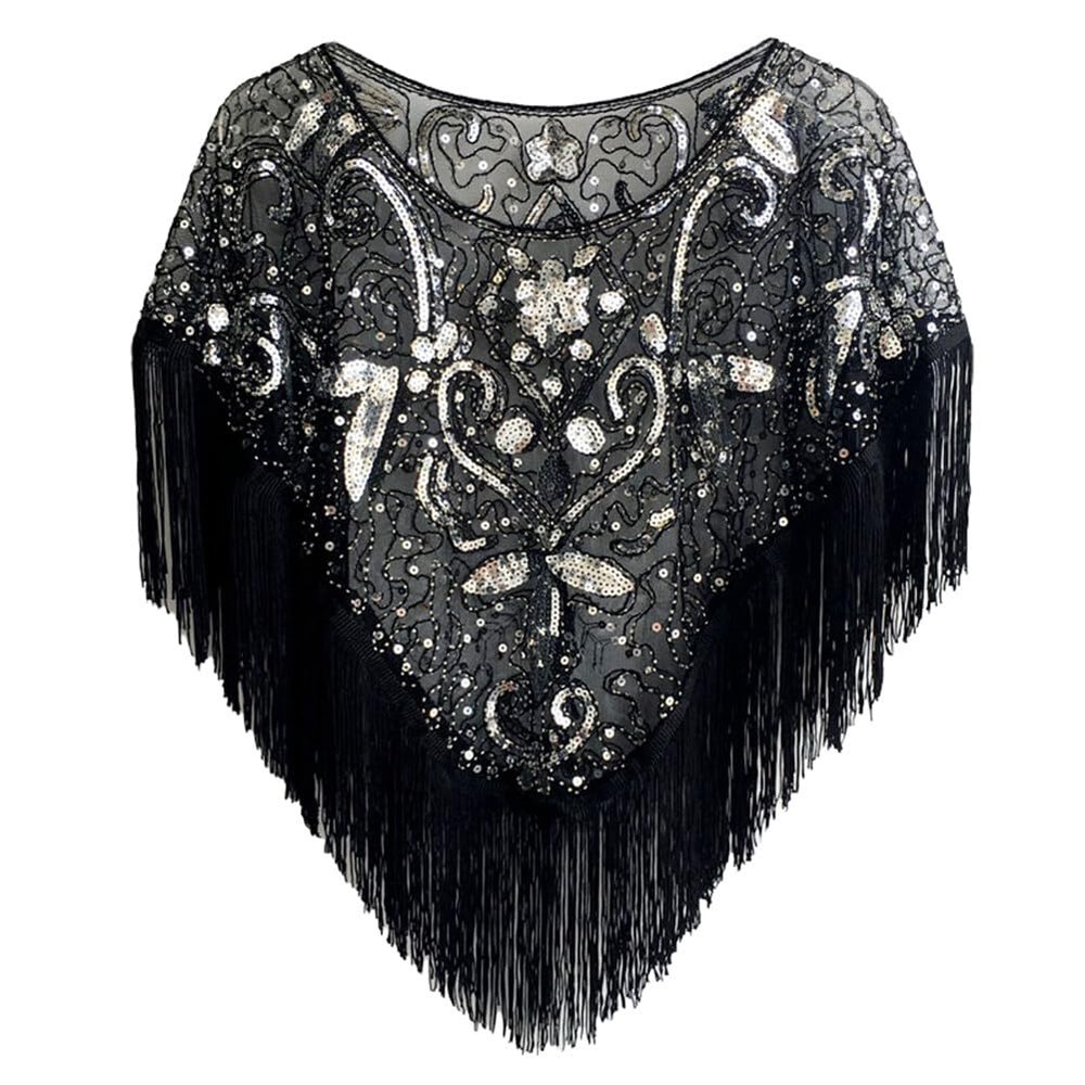 1920s Sequin Shawl Wraps Fringed Evening Cape Gatsby Party Flapper Cover Up Wedding Bridal Shawl for Women