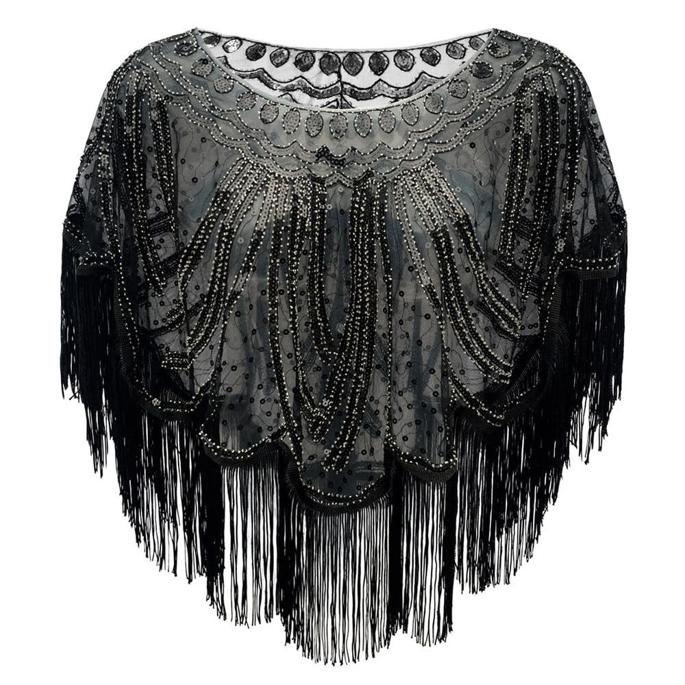 1920s Sequin Beaded Shawl Wraps Fringed Evening Cape Women's Flapper Accessories Bridal Shawl Flapper Cover Up