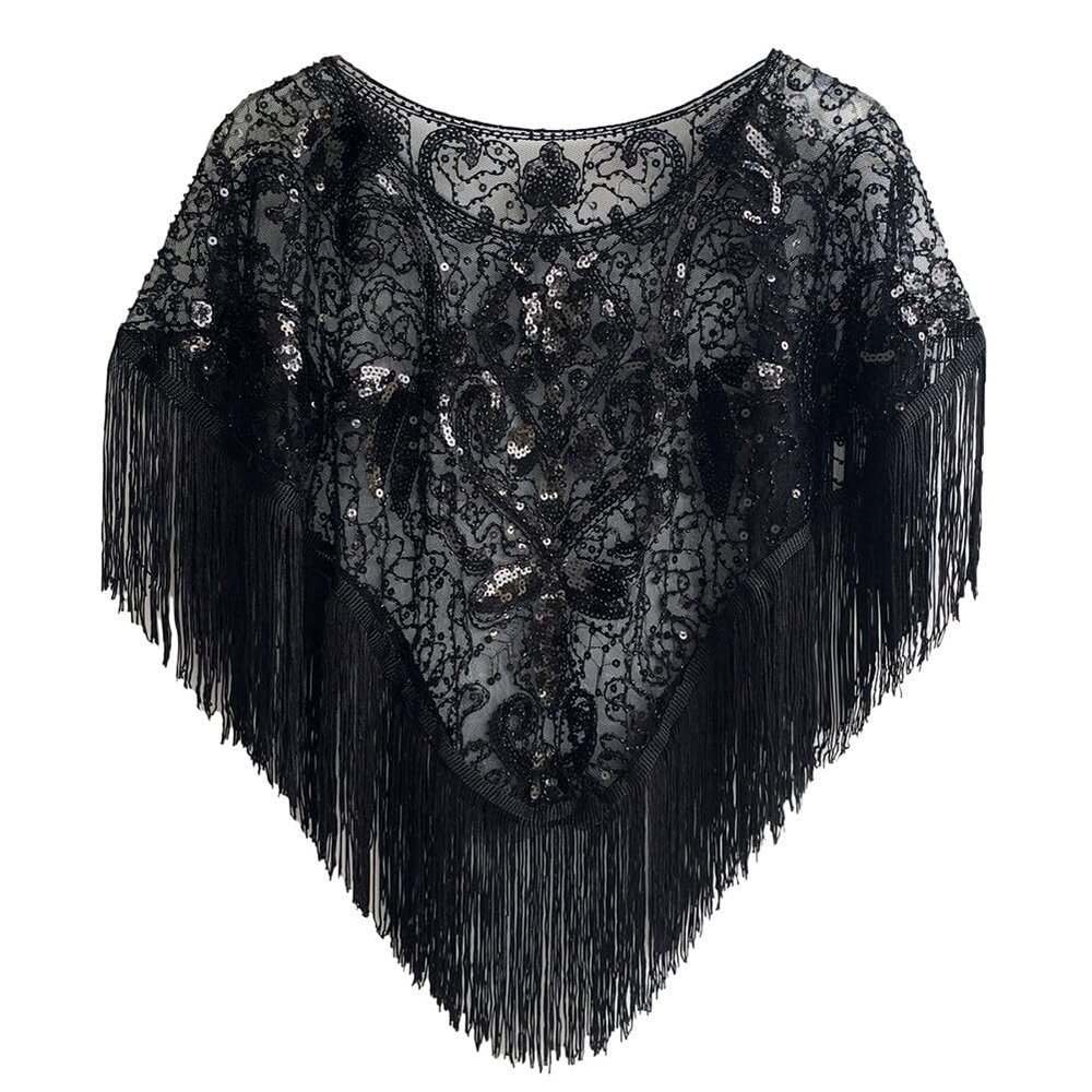 1920s Sequin Shawl Wraps Fringed Evening Cape Gatsby Party Flapper Cover Up Wedding Bridal Shawl for Women