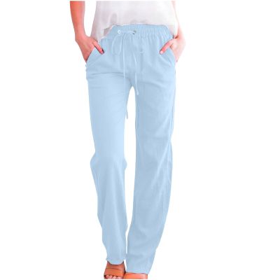 LRMQS Womens Casual Linen Pants 2026 Spring Drawstring Elastic Waist Trousers with Pockets Lounge Fashion Vacation Clothing