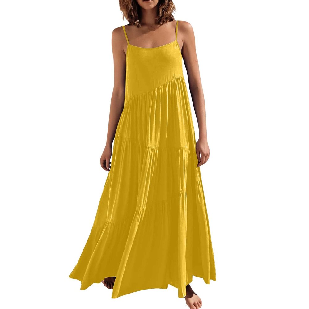 HINDOLA Women's Summer Maxi Dress Casual Boho Sleeveless Spaghetti Strap Smocked Asymmetric Tiered Long Beach Sun Dresses Yellow