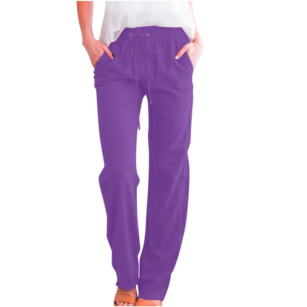 LRMQS Womens Casual Linen Pants 2026 Spring Drawstring Elastic Waist Trousers with Pockets Lounge Fashion Vacation Clothing