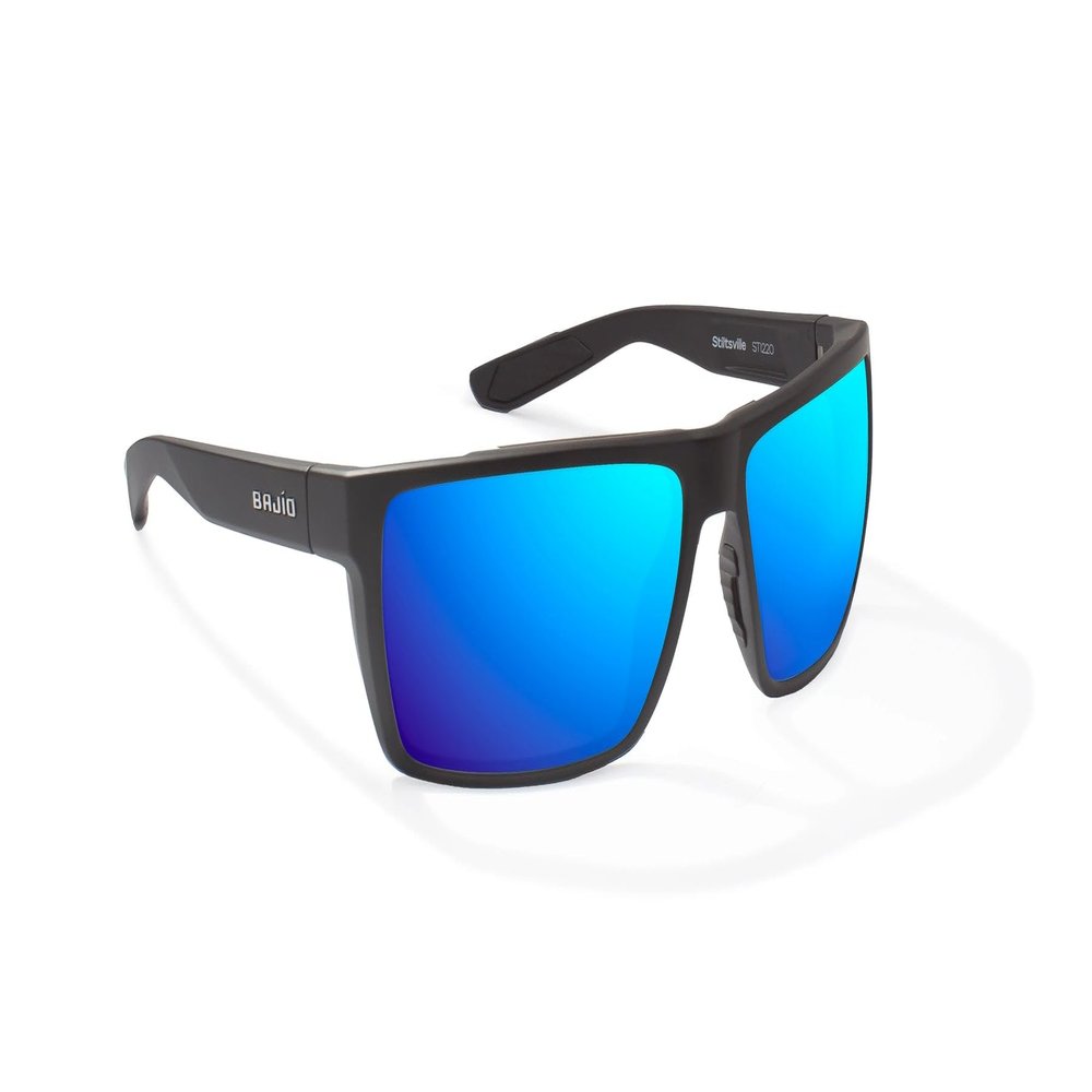 Bajo Stiltsville Polarized Sunglasses  Matte Black Frame, Blue Mirror Glass Lens, Oversized Rectangular Wrap