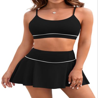 Pink Queen 2026 High Waisted Modest Bikini Set for Women 2 Piece Swimsuits Scoop Neck Spaghetti Straps Swim Skirt Bathing Suits Active Tankini Black S