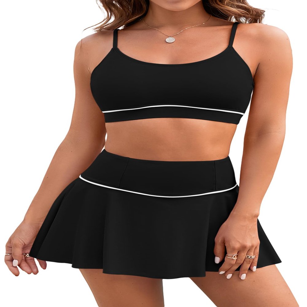 Pink Queen 2026 High Waisted Modest Bikini Set for Women 2 Piece Swimsuits Scoop Neck Spaghetti Straps Swim Skirt Bathing Suits Active Tankini Black S