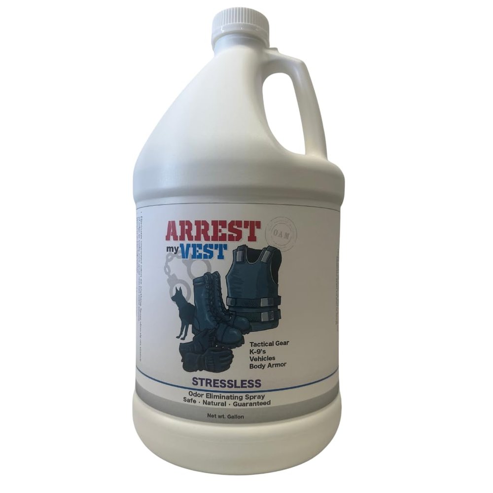 Arrest My Vest - Vest Odor Eliminating Spray for Body Armor, Tactical Gear, K9 Equipment, & Weighted Workout Vests Safe on All Ballistic Vests, Fabrics, & Police Gear Stressless Scent 1 Gallon Bottle