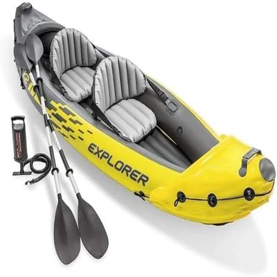 NineFit Basics 68307EP Explorer K2 Inflatable Kayak Set: Includes Deluxe 86in Aluminum Oars and High-Output Pump  SuperStron, Yellow