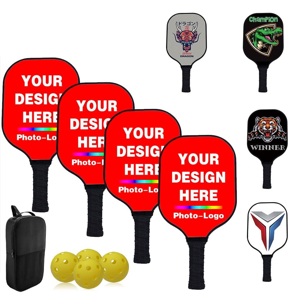 Custom Pickle Ball Paddle Set, Personalized Pickleballs Paddles with 4 Paddles 1 Storage Bag and 4 Balls, Neutral Paddle, Perfect First Paddles for Beginners, Red