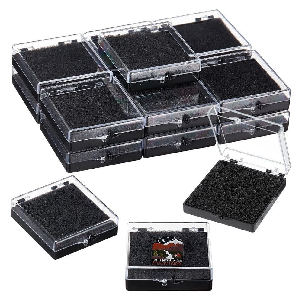 OLYCRAFT 16Pcs Clear Plastic Gift Box for Pin 2.6x2.4x0.7 Inch Black Presentation Boxes with Sponge for Badge Clear Lapel Pin Presentation Display Case for Lapel Pin Gemstone Storage Display