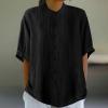 2024 Womens Shirts Short Sleeve Cotton Linen Tops Summer Casual Collared Shirt Crewneck Pleated Tunic Tee Blouses Black view 2