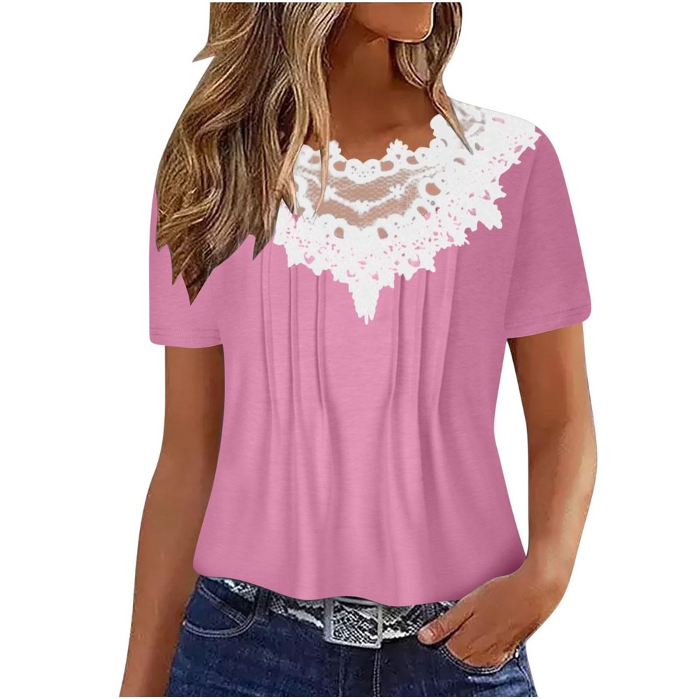 2024 Women Short Sleeve Shirts Summer Casual Tops Flowy Pleated Floral Lace Embroidery Loose Tunic Tee Blouse Clothes
