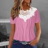 2024 Women Short Sleeve Shirts Summer Casual Tops Flowy Pleated Floral Lace Embroidery Loose Tunic Tee Blouse Clothes view 2