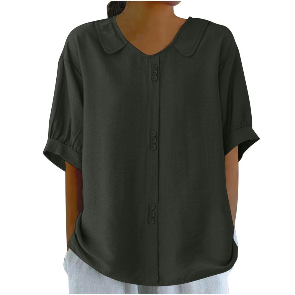 2024 Shirt for Women Summer Casual Cotton Linen Babydoll Tops Short Sleeve Blouses Collared Shirt Trendy Tunic Tee Gray