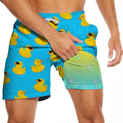PIANHAUE Mens Swim Trunks with Compression Liner 5 Inch Inseam Quick Dry Yellow Funny Duck Swimwear Bathing Suit Swim Board Shorts with 4 Pockets
