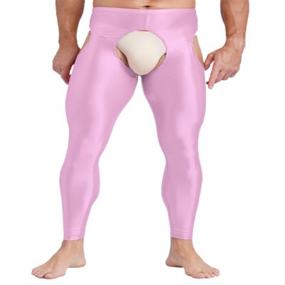 YiZYiF Mens Glossy Hollow Out Underwear Pants Long Thermal Bottoms Leggings Slim Fitted Sport Tights Pink Large