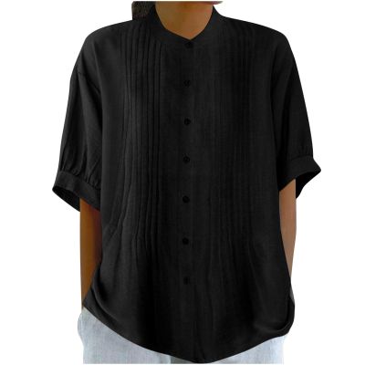 2024 Womens Shirts Short Sleeve Cotton Linen Tops Summer Casual Collared Shirt Crewneck Pleated Tunic Tee Blouses Black