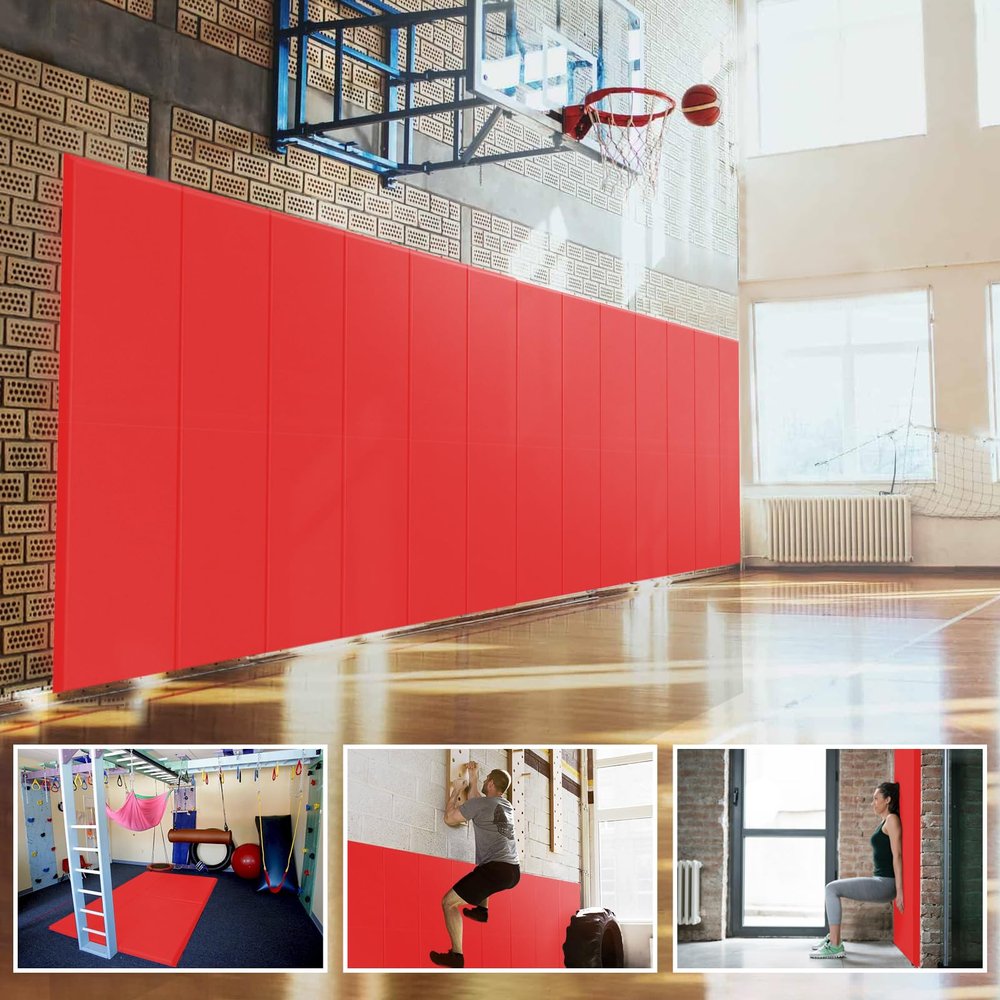 PROGOAL 60" x 24" x 2" Gym Wall Padding Basketball Court Wall Mats Athletes Protector,Removable High Elasticity Tear-Resistant 2" Thick Foam High-Density Wall Pads for Safty(Red)