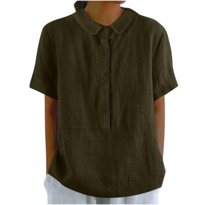 2024 Womens Short Sleeve Cotton Linen Shirts Tops Casual Half Button Blouses Summer Casual Collared Shirt Tunic Tee Brown