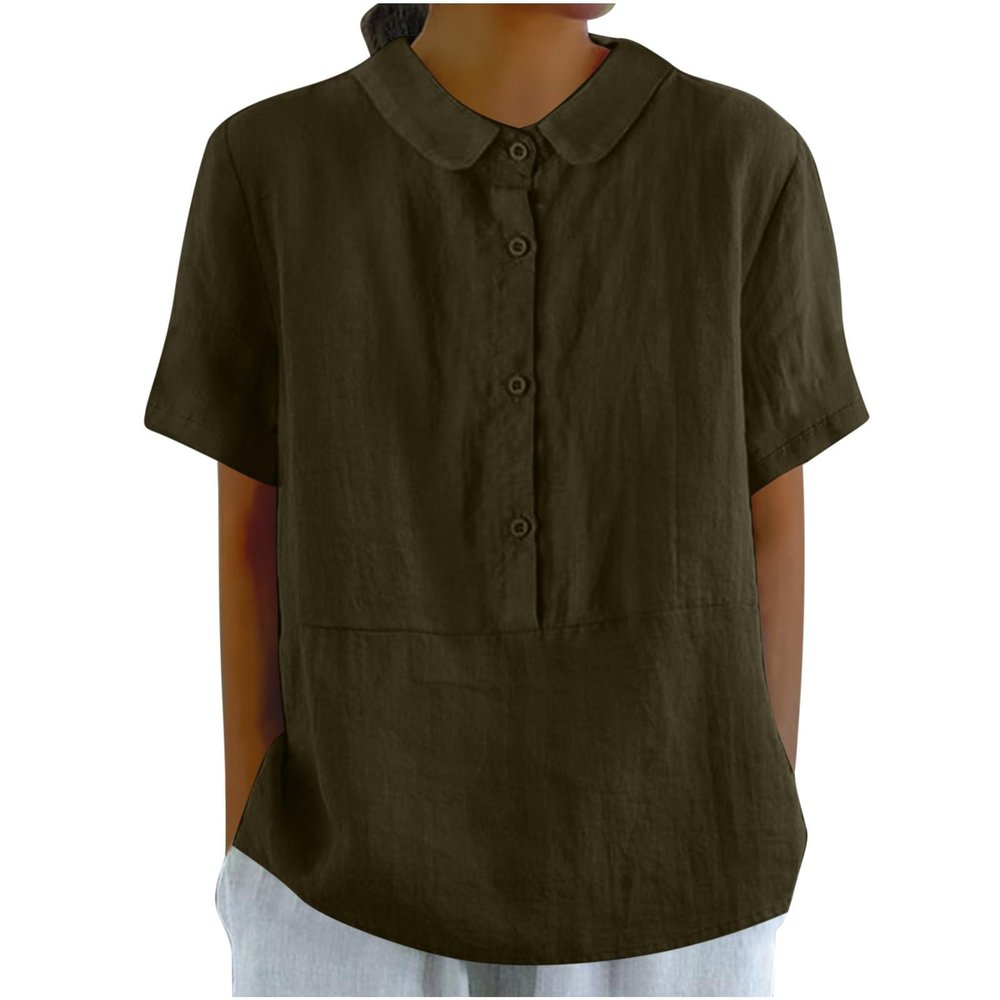 2024 Womens Short Sleeve Cotton Linen Shirts Tops Casual Half Button Blouses Summer Casual Collared Shirt Tunic Tee Brown