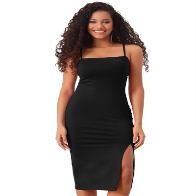 Allegra K Spaghetti Strap Dress for Women's Slim Fit Sleeveless Split Bodycon Cocktail Party Dress Medium Black