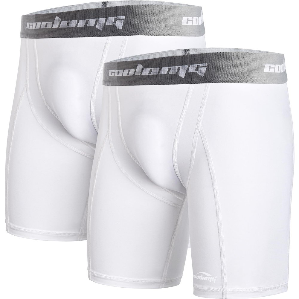 COOLOMG Youth Boys Compression Shorts with Cup Pocket, NO Cup for Baseball Football Lacrosse,White XL,2-Pack