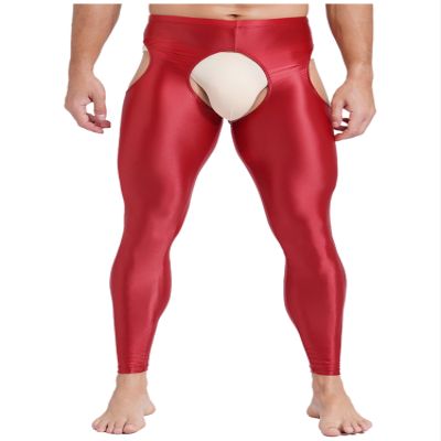 YiZYiF Mens Glossy Hollow Out Underwear Pants Long Thermal Bottoms Leggings Slim Fitted Sport Tights Red Large
