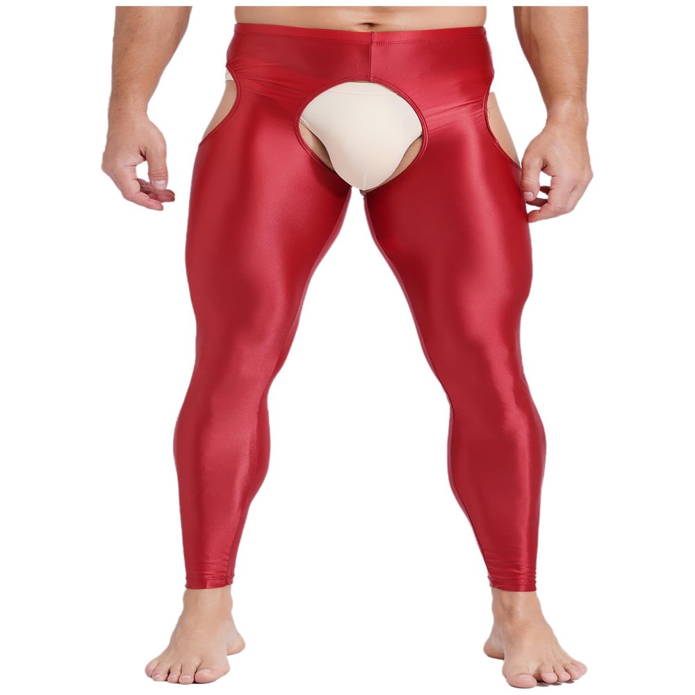 YiZYiF Mens Glossy Hollow Out Underwear Pants Long Thermal Bottoms Leggings Slim Fitted Sport Tights Red Large