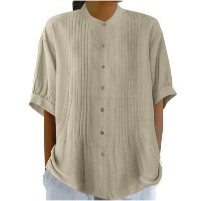 2024 Womens Shirts Short Sleeve Cotton Linen Tops Summer Casual Collared Shirt Crewneck Pleated Tunic Tee Blouses Khaki