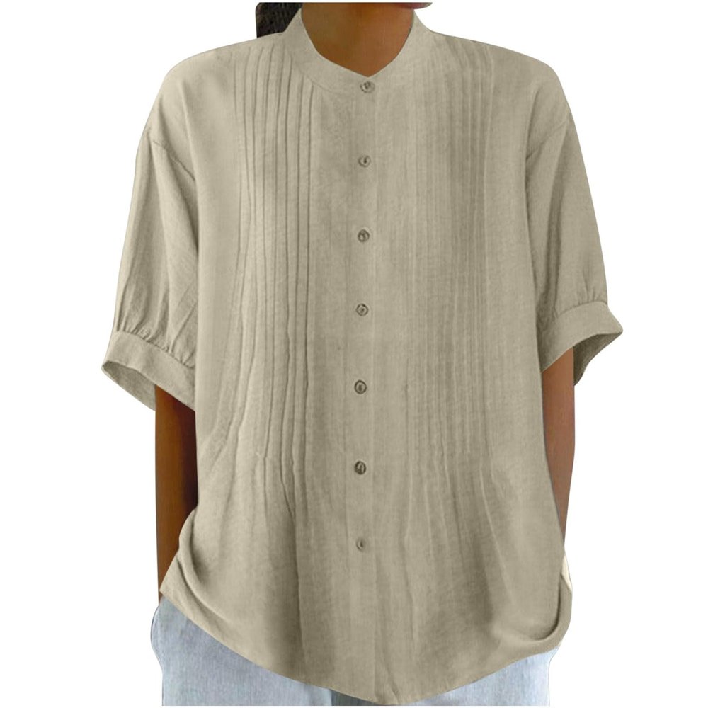 2024 Womens Shirts Short Sleeve Cotton Linen Tops Summer Casual Collared Shirt Crewneck Pleated Tunic Tee Blouses Khaki