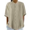 2024 Womens Shirts Short Sleeve Cotton Linen Tops Summer Casual Collared Shirt Crewneck Pleated Tunic Tee Blouses Khaki view 1
