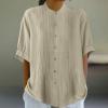 2024 Womens Shirts Short Sleeve Cotton Linen Tops Summer Casual Collared Shirt Crewneck Pleated Tunic Tee Blouses Khaki view 2