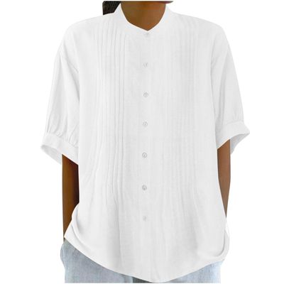 2024 Womens Shirts Short Sleeve Cotton Linen Tops Summer Casual Collared Shirt Crewneck Pleated Tunic Tee Blouses White