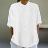 2024 Womens Shirts Short Sleeve Cotton Linen Tops Summer Casual Collared Shirt Crewneck Pleated Tunic Tee Blouses White view 2