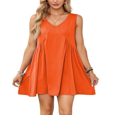 Women's Summer Sleeveless Mini Dress Casual Loose V Neck with Pockets Beach Dresses,Orange,L