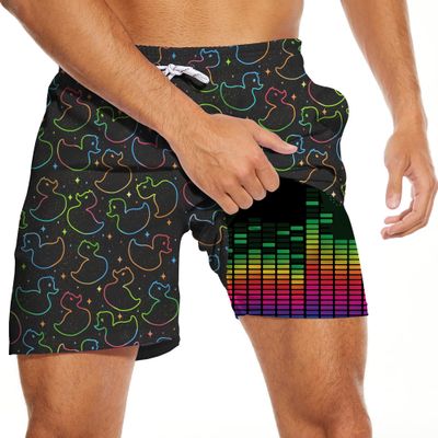PIANHAUE Mens Swim Trunks with Compression Liner 5 Inch Inseam Quick Dry Music Funny Duck Swimwear Bathing Suit Swim Board Shorts with 4 Pockets