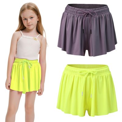 2 Pack Girls Athletic Flowy Shorts with Pockets Butterfly Running Workout Sports Gym Skorts for Kids 13-14Y Deep Purple Yellow
