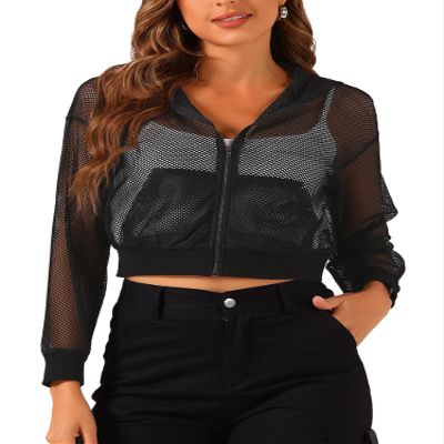 Allegra K Mesh Jacket for Women's Zip Up Fishnet Hoodie Sexy Sheer Crop Bomber Jackets Medium Black