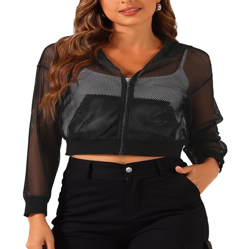 Allegra K Mesh Jacket for Women's Zip Up Fishnet Hoodie Sexy Sheer Crop Bomber Jackets Medium Black