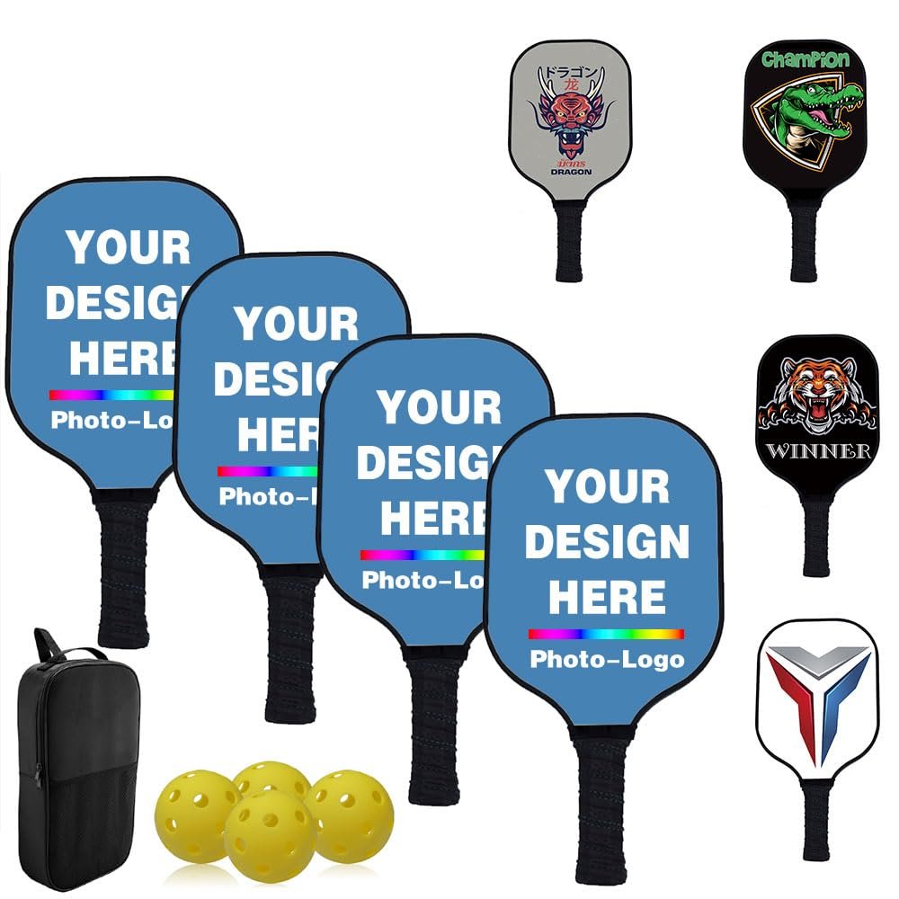 Custom Pickleballs Paddles Set with 4 Paddles 1 Storage Bag and 4 Balls - Carbon Fiber Personalized Pickle Ball Paddles - Graphite Pickleballs Rackets for Indoor Outdoor, Steelblue