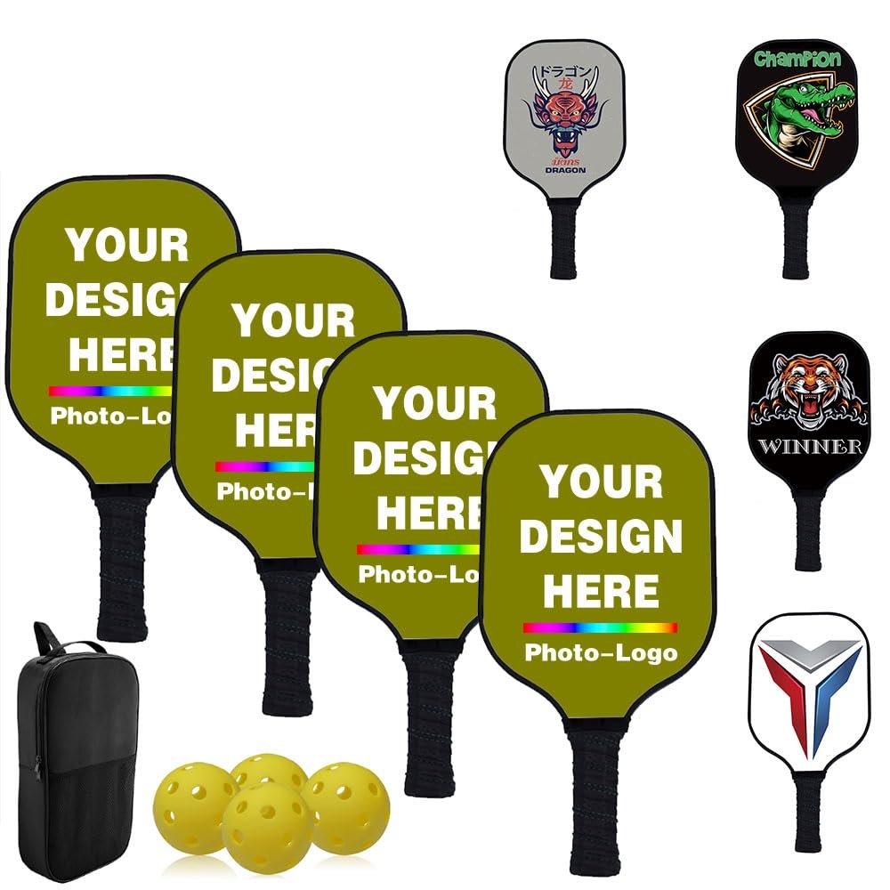 Custom Pickleballs Paddles Set with 4 Paddles 1 Storage Bag and 4 Balls - Carbon Fiber Personalized Pickle Ball Paddles - Graphite Pickleballs Rackets for Indoor Outdoor, Olive