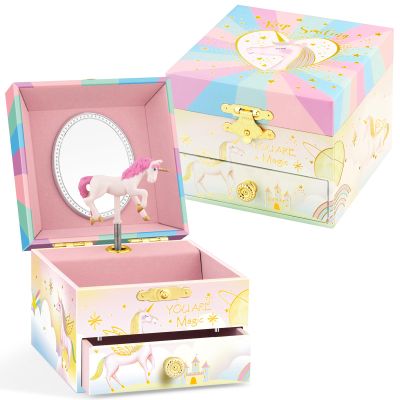 A&A Magic Unicorn Music Jewelry Box for Girls - Rotating Ballerina & Light Up Gift with Mirror & Drawer, Plays Beautiful Dreamer