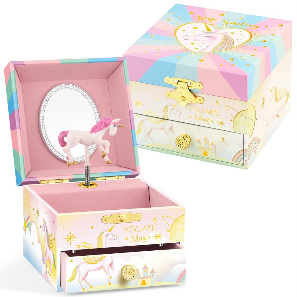 A&A Magic Unicorn Music Jewelry Box for Girls - Rotating Ballerina & Light Up Gift with Mirror & Drawer, Plays Beautiful Dreamer