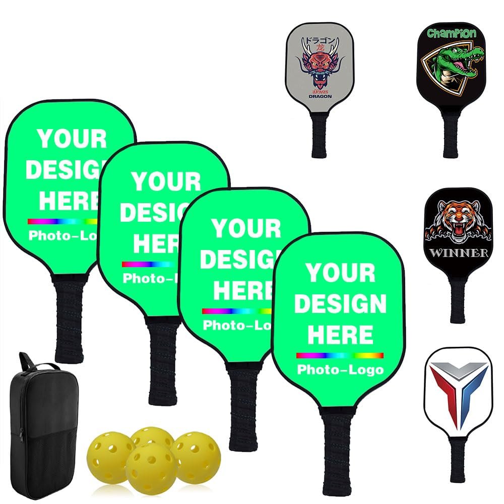 Custom Pickleballs Paddles Set - 4 Paddel 1 Storage Bag and 4 Balls - Great Rackets Gift for Beginner - 40 Color, SpringGreen