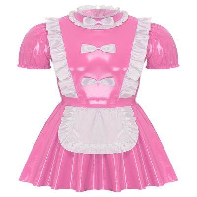 Jugaoge Mens Sissy French Maid Role Play Costumes Puff Sleeve Latex Wet Look Leather Dress with Apron Maid Pink A 3X-Large