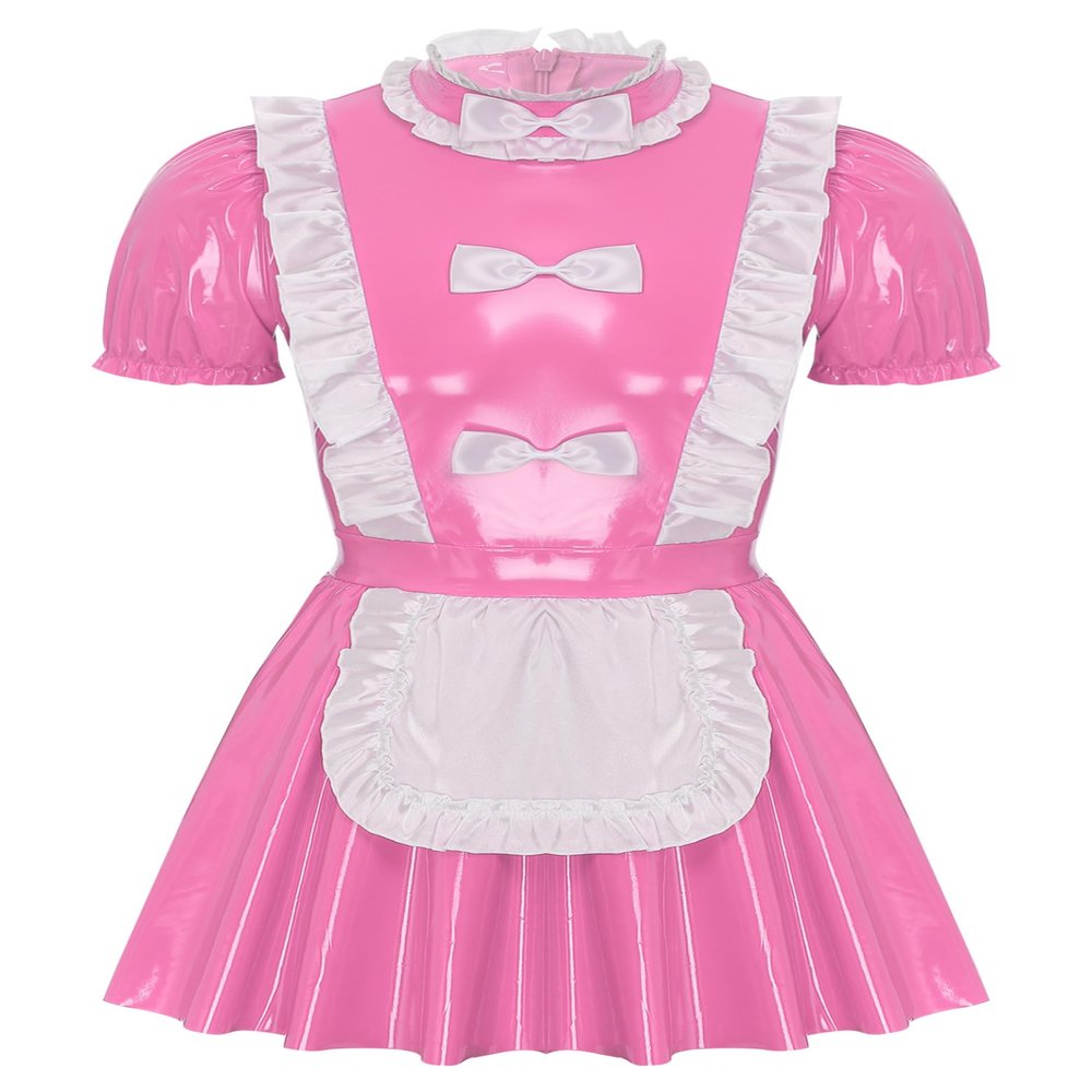 Jugaoge Mens Sissy French Maid Role Play Costumes Puff Sleeve Latex Wet Look Leather Dress with Apron Maid Pink A 3X-Large