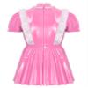 Jugaoge Mens Sissy French Maid Role Play Costumes Puff Sleeve Latex Wet Look Leather Dress with Apron Maid Pink A 3X-Large view 3