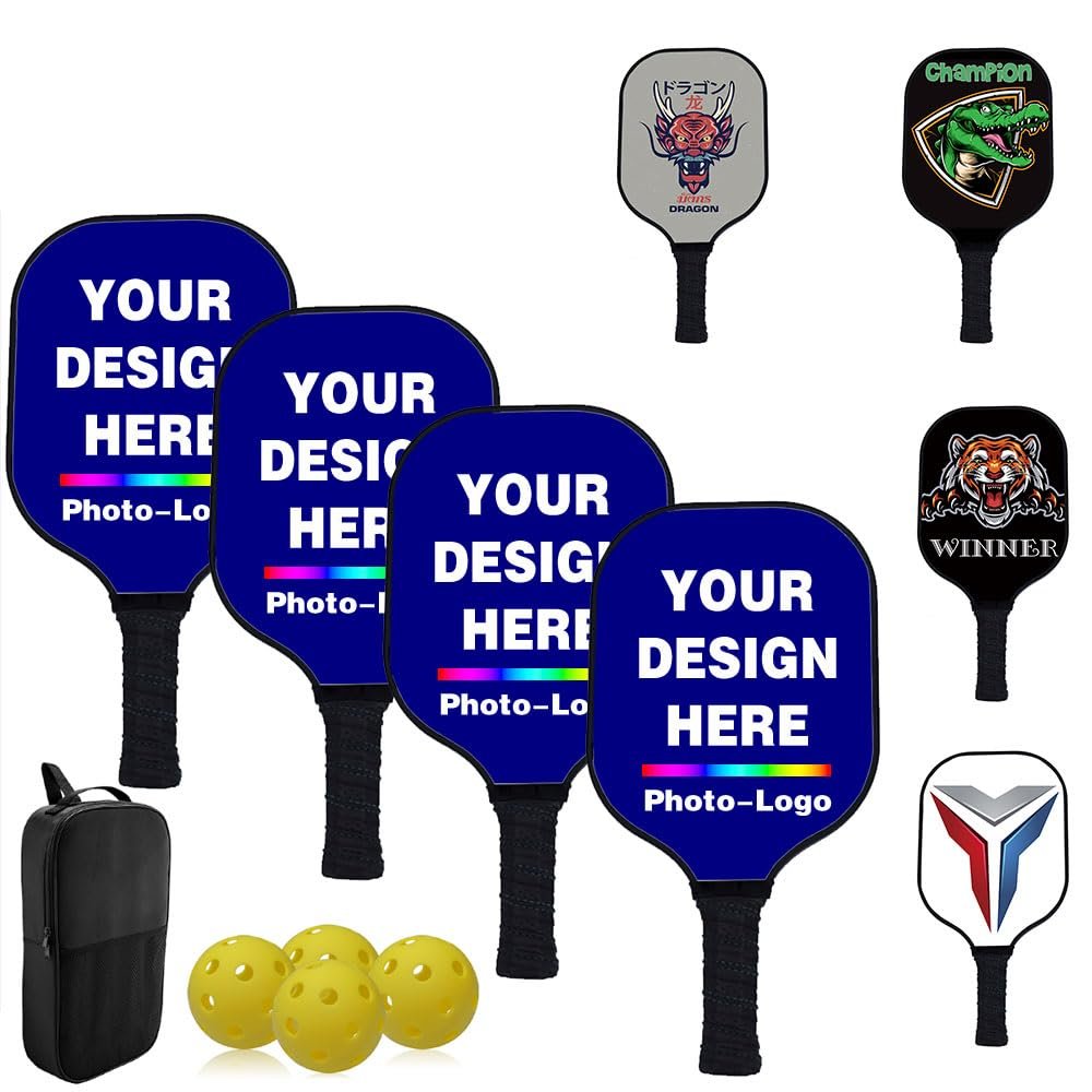 Custom Pickleballs Paddles Set - 4 Paddel 1 Storage Bag and 4 Balls - Great Rackets Gift for Beginner - 40 Color, Navy