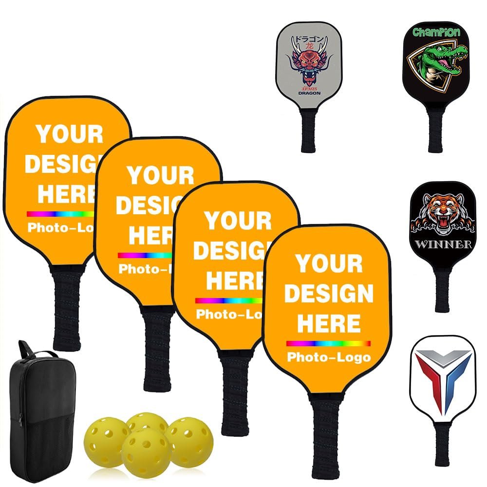 Custom Pickle Balls Paddles Set with Photo Design Your Photo Logo Text, Personalized Rackets Comfort Cushion Grip, Long Handle Equipment, Orange